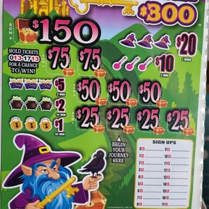 May include: A lottery ticket with the words "MAGIC KEY £300". The ticket features illustrations of a wizard, a key, treasure chests, and various prize amounts. The ticket has a purple and green background.