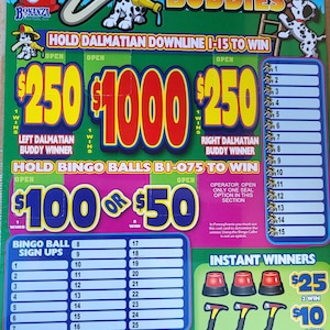 May include: A colorful "Dalmatian Downline Buddies" scratch-off ticket. The ticket features Dalmatian dog illustrations, fire hydrants, and various prize amounts. Text includes "Hold Dalmatian Downline 1-15 to Win" and "Instant Winners".