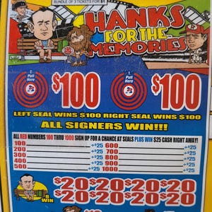 Pode incluir: Um bilhete de loteria colorido com o texto "Hanks for the Memories". O bilhete apresenta ilustrações de personagens de desenhos animados e o texto "$100" em fonte vermelha grande. Texto adicional inclui valores de prêmios e instruções.