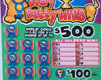 May include: A lottery ticket featuring a cartoon dog wearing a crown and a blue ribbon. The ticket reads "Every Betty Wins" and offers a chance to win up to £500. The ticket also includes a grid of numbers and images of dogs.