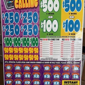 May include: A lottery ticket with the words "Money is Calling" and a graphic of a smartphone. The ticket features various prize amounts, including £500 and £100, and the text "Instant Winners".