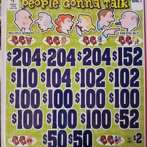 May include: A lottery ticket with the title "People Gonna Talk" features cartoon illustrations of people talking. Large blue numbers indicate potential winnings, with amounts like £204, £100, and £50 displayed on a green background.