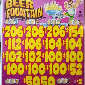May include: A rectangular Beer Fountain game board with a pink background, featuring large yellow numbers, a cartoon character, and various beer-themed icons. The text reads Beer Fountain, Multiple Winners Cash Pay Out, Form No. WH73, and Size 3159.