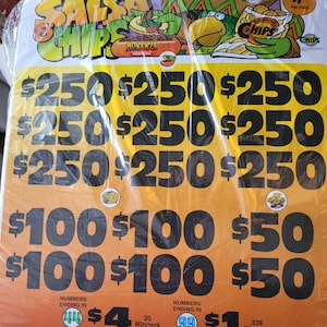 May include: A yellow and orange poster with the text "Salsa & Chips" and a cartoon image of a salsa bowl and chips. The poster advertises a game with prizes of £250, £100, and £50. The poster also includes the text "Numbers ending in 44 £4 20 Winners" and "Numbers ending in 99 £1 339 Winners."