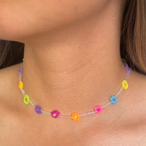 Bright Neon Multicolor Beaded Daisy Choker, Beaded Flower Necklace