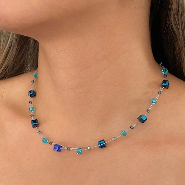 Navy Blue/ Light Blue Square Jewel Floating Illusion Wire Necklace, Trendy Jewelry