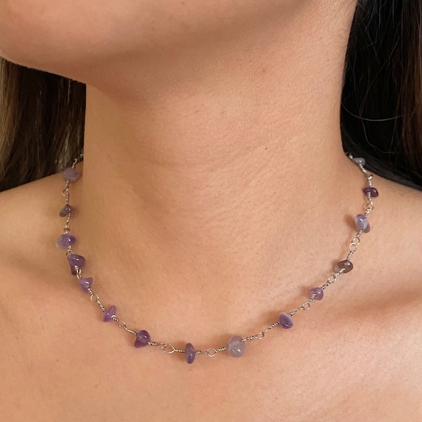 Amethyst Crystal Wire Wrapped Loop Necklace, Trendy Jewelry