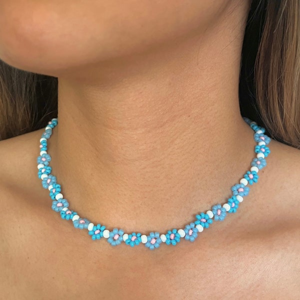 Blue/ Light Blue/ Pink Continuous Beaded Daisy Choker, Beaded Flower Necklace