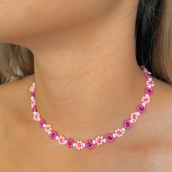 Fuchsia/ Pink/ White Continuous Daisy Beaded Choker, Beaded Daisy Necklace, Trendy Jewelry