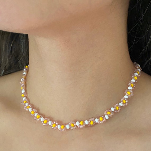 Clear Light Pink Yellow White Continuous Beaded Daisy Choker Beaded Flower Necklace Trendy Jewelry Etsy Canada