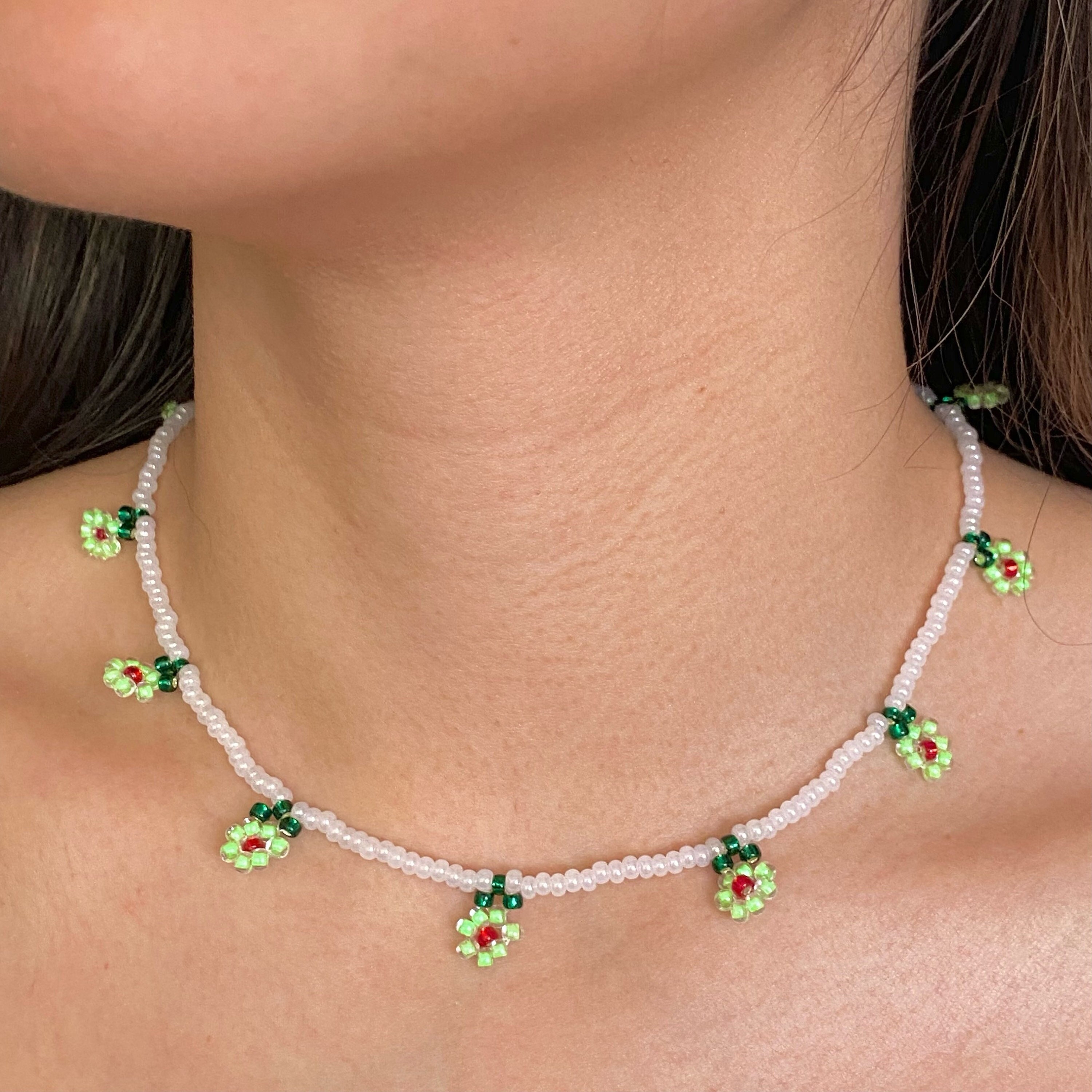 Bright Green/ Red/ White Dangling Beaded Daisy Choker