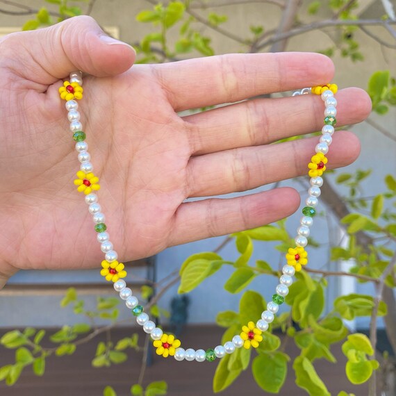Rainbow Beaded Flower Necklace