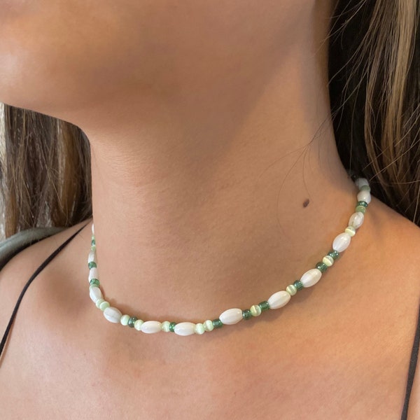 The "Shelly" Green/ White Beaded Choker Pearl Necklace, Beaded Pearl Necklace, Trendy Jewelry