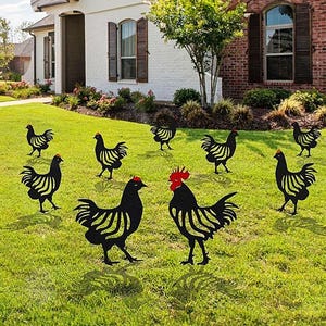 Metal Rooster and Chicken Garden Ornaments - Set of 6