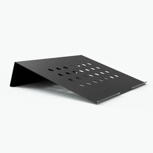 May include: Black metal laptop stand with a grid of holes for ventilation. The stand is angled to elevate a laptop.
