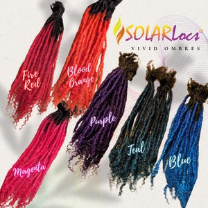 May include: Six bundles of synthetic dreadlocks in various colors, including fire red, magenta, blood orange, purple, teal, and blue. The dreadlocks are arranged in a semi-circle with the text "SOLARLocs VIVID OMBRES" at the top.