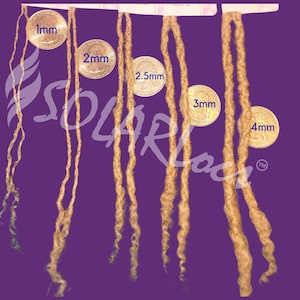 May include: A purple background displays several strands of hair extensions, each with a different thickness, ranging from 1mm to 4mm. The text "SOLARLOCS" is visible. The image includes coins next to each strand to indicate the size.