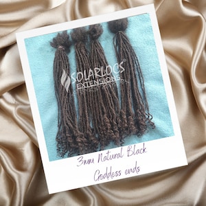 May include: Four bundles of brown synthetic dreadlocks with goddess ends. The dreadlocks are arranged in a row and are about 3mm in diameter. The label "SOLARLOCS EXTENSIONS" is visible in the image. The text "3mm Natural Black Goddess ends" is also visible in the image.