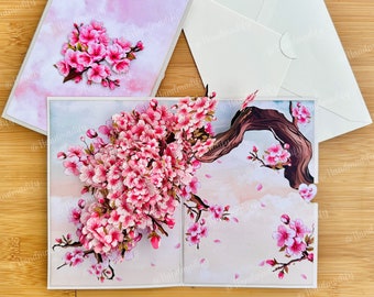 Biglietto pop-up con fiori di ciliegio, fiori di Sakura, per compleanno, ringraziamento, matrimonio, memoriali, tutte le occasioni, regali fatti a mano