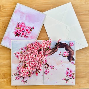 Carte pop up fleurs de cerisier, fleur de sakura, pour anniversaire, merci, mariage, commémorations, toutes les occasions, cadeaux faits main image 1