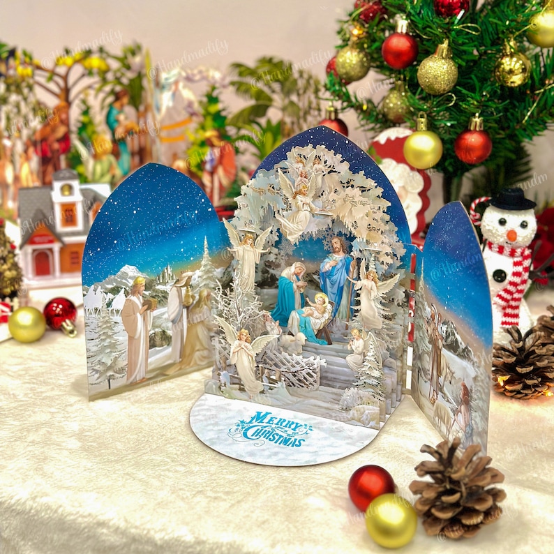 Carte pop up flocons de neige - carte pop up Jésus-Christ - carte de Noël - cadeaux pour Noël - carte joyeuses fêtes - cadeaux faits main image 3