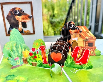 Carte teckel joyeux je t'aime, cartes d'anniversaire 3D chien saucisse, pour anniversaire, merci, anniversaires de mariage, toutes les occasions, cadeau fait main