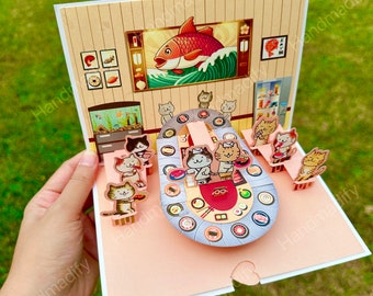 Pop Up Sushi Bar Cat Card, Handmade Birthday Card