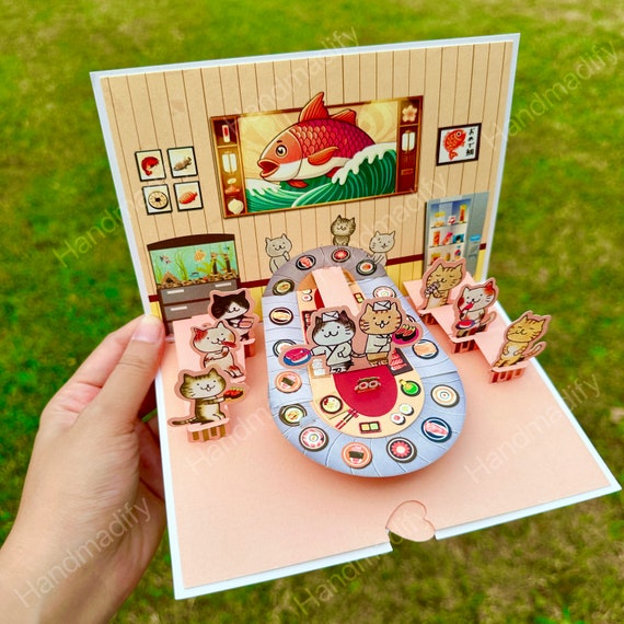 Pop Up Sushi Bar Cat Card, Handmade Birthday Card