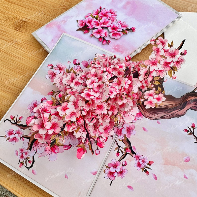 Carte pop up fleurs de cerisier, fleur de sakura, pour anniversaire, merci, mariage, commémorations, toutes les occasions, cadeaux faits main image 3