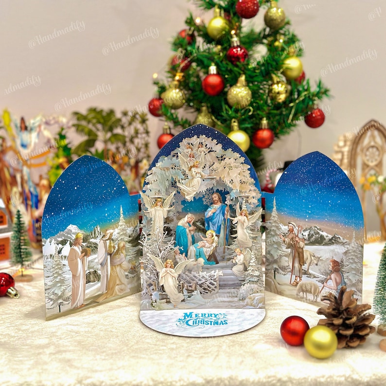 Carte pop up flocons de neige - carte pop up Jésus-Christ - carte de Noël - cadeaux pour Noël - carte joyeuses fêtes - cadeaux faits main image 1