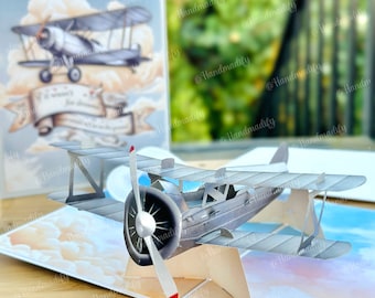 Carte avion pop-up, Carte biplan 3D, Fête des pères, Pour un anniversaire, Merci, Saint-Valentin, Anniversaires, Toutes occasions, Cadeaux faits main