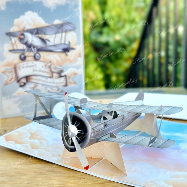 Pop Up Airplane Card, 3D Bi-plane Card, Father's Day, For Birthday, Thank You, Valentines, Anniversaries, All Occasions, Handmade Gifts