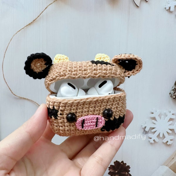 Brown Cow AirPods 1, 2, 3, Pro, Pro 2 Case - Animals Headphone Case - Crochet Animals AirPods Case - Special Gift -Handmade Gift -Love Gifts