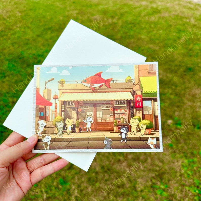 Puede incluir: Una ilustraci&oacute;n de postal de una escena de calle con un pez rojo colgando sobre una tienda con un letrero que dice "春  店". Hay varios gatos frente a la tienda, algunos con sombreros.