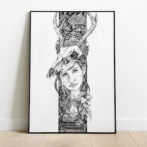Kunstillustration - DEER TOTEM - Qualitätsdruck auf Papier 250gr