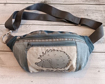 Recycled Denim Fanny Pack with Adjustable Belt Strap and Wildly Cute Hedgehog print