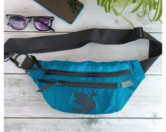 Medieval Style Turquoise Raw Silk Fanny Pack with Mythic Bird for Women or Men