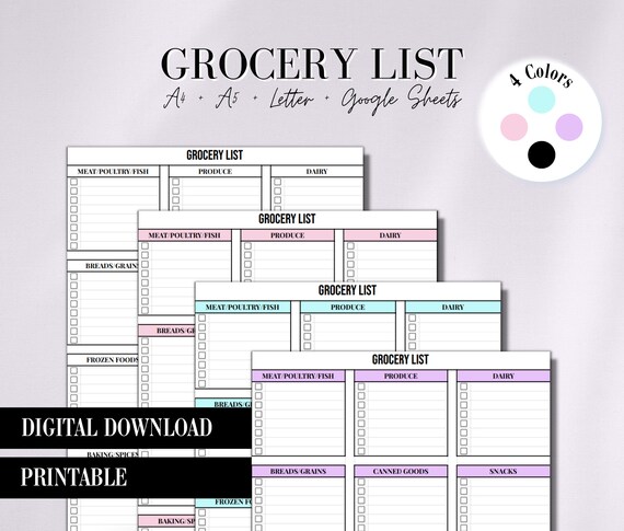 Printable Grocery List Grocery List Template Grocery | Etsy