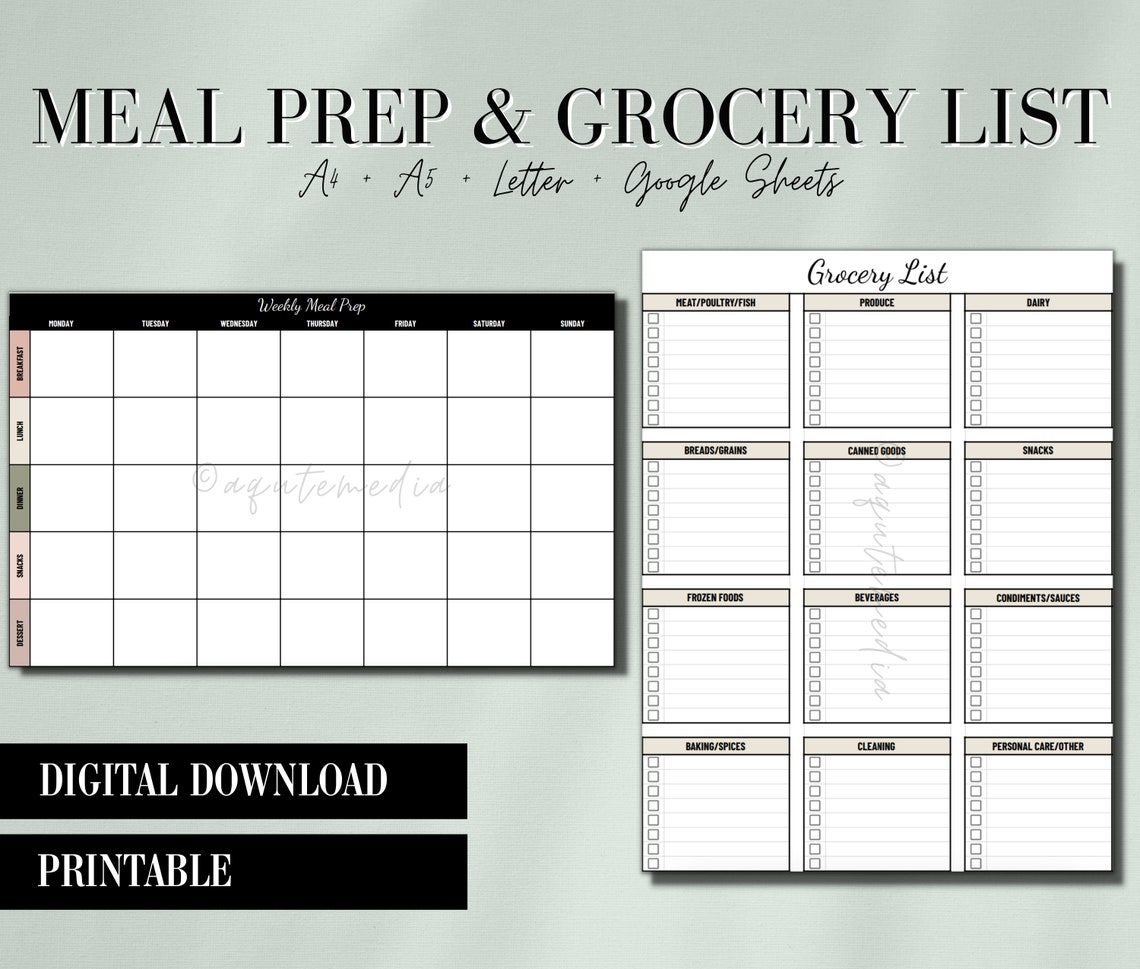 Meal Prep & Grocery List Template Weekly Meal Prep Editable Meal
