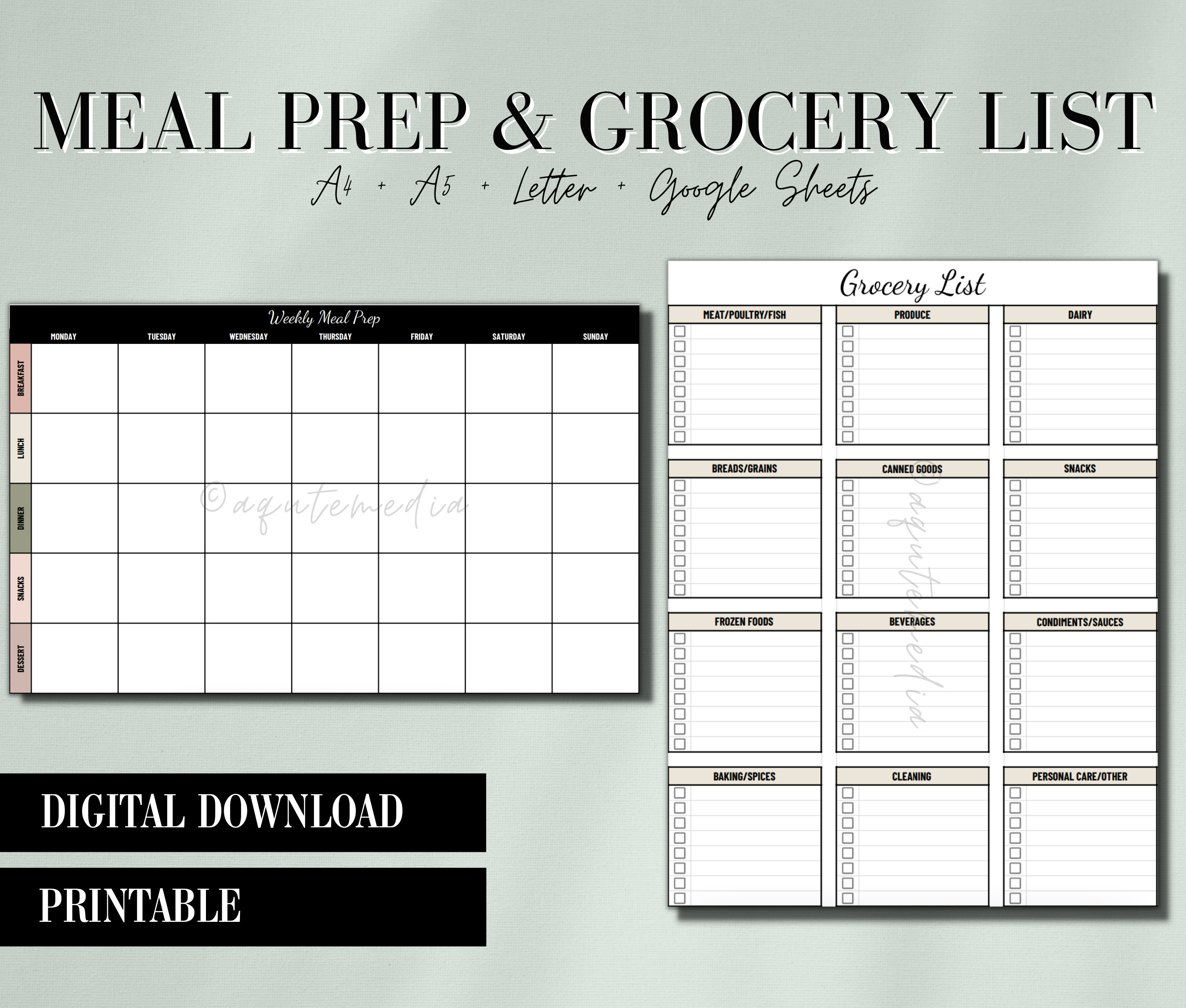 Meal Prep & Grocery List Template Weekly Meal Prep Editable Meal