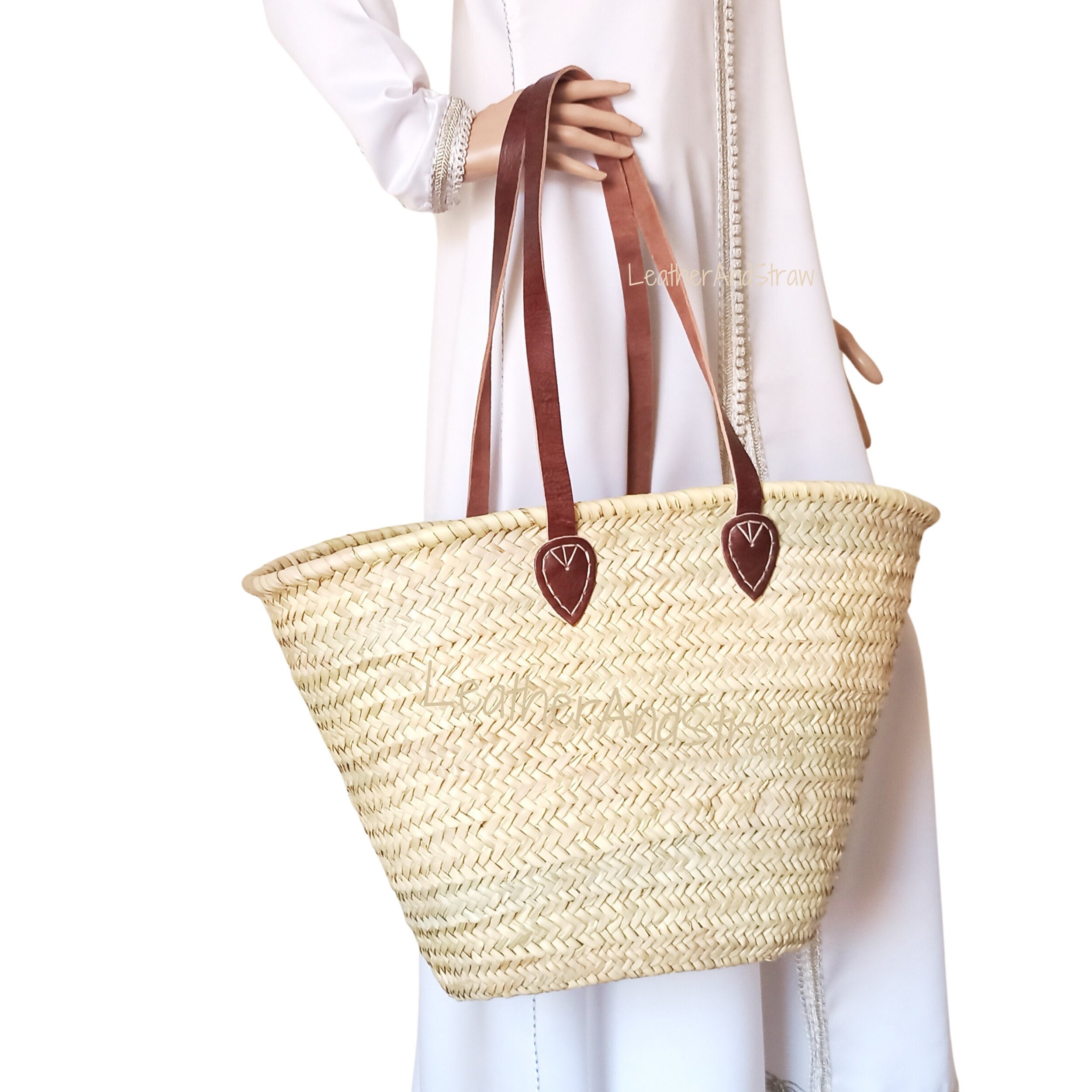 JAYAVENTURA Straw Basket Tote Bag for Women PU Leather Strap Hollow Woven Top Handle Straw Purses and Handbags