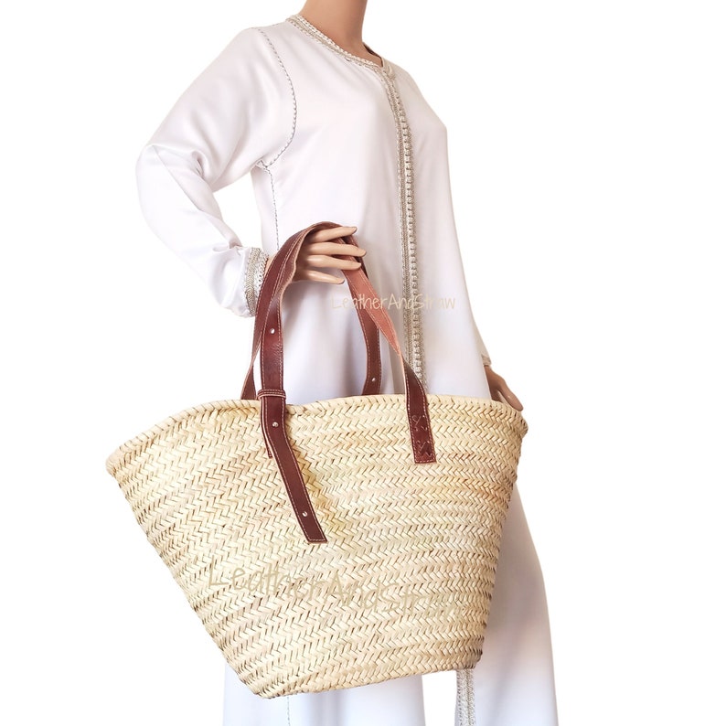 Large Straw Bag With Leather Handles Woven Bag Great to Use Etsy