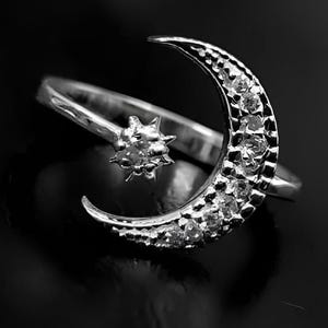925 Sterling Silver Crescent Moon and Star Ring, CZ Gemstone Studded Celestial Jewelry, Unique Silver Ring for Women, Dainty Moon Star Gift