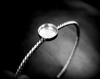 Sterling Silver 925 Stamped Round Shape Bangle Bezel Cuff Setting Cup, Rope Wire Blank Bangle Diy For Round Shape Gemstone And Resin Work