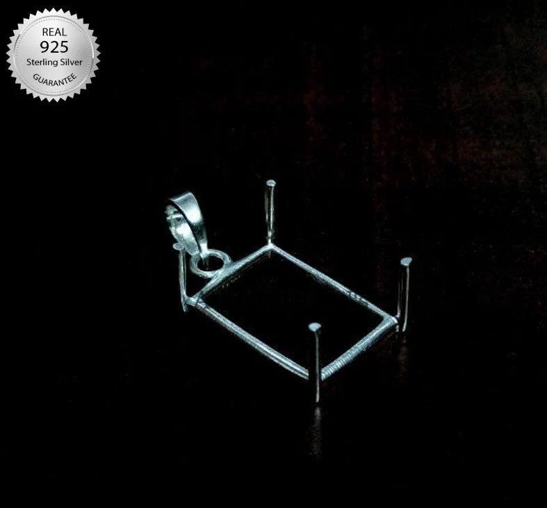 Ciondolo a griffe rettangolare in argento sterling 925 con castone vuoto, base del ciondolo vuota, base del ciondolo con castone, lato posteriore aperto,
