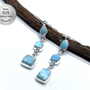 Sterling Silver Earrings 925 Stamped Studded With Natural Larimar Gemstones, Genuine 925 Stamped Jewelry,