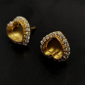 Gold Plated 925 Sterling Silver Heart Stud Earrings Setting with Small CZ – Dainty Bezel for Resin or Gemstone