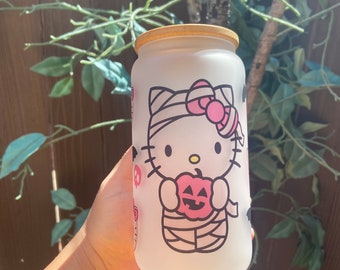 Hello Kitty Glass Tumbler W/Bamboo Lid & Glass Straw Fall Halloween Hello  Kitty