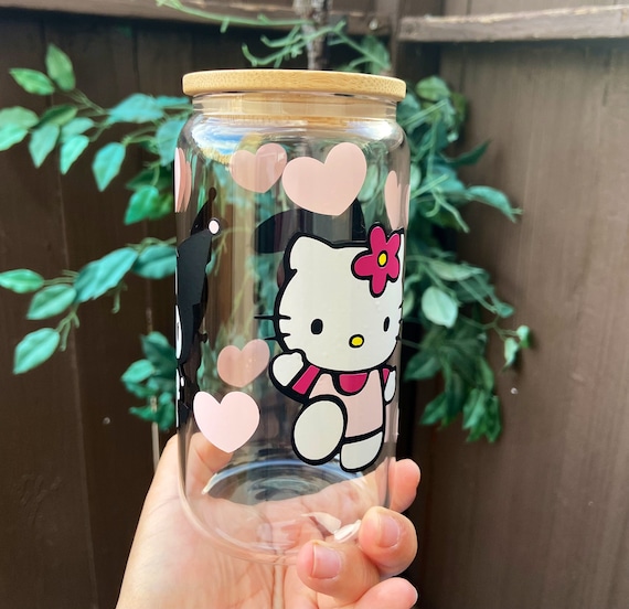 Hello Kitty Glass Cup 16oz Comes With Bamboo Lid & straw