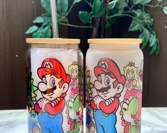 Mario 16oz glass can with lid & straw, beer can glass, gamer glass can, Frosted glass can, clear glass can, iced coffee cup, cold drink cup,